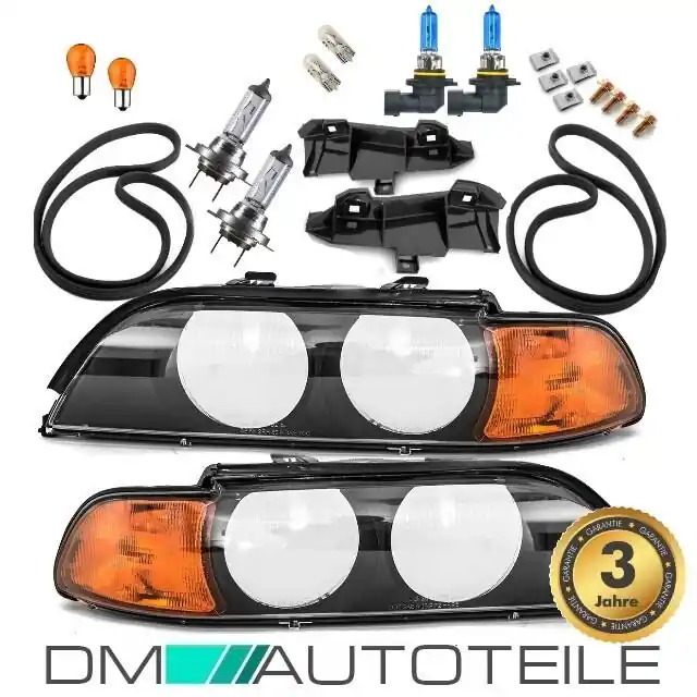 2x SCHEINWERFER Schwarz HB3/H7+Blinker Orange+8tlg. Set Birnen passt für BMW E39 Zertifiziert
